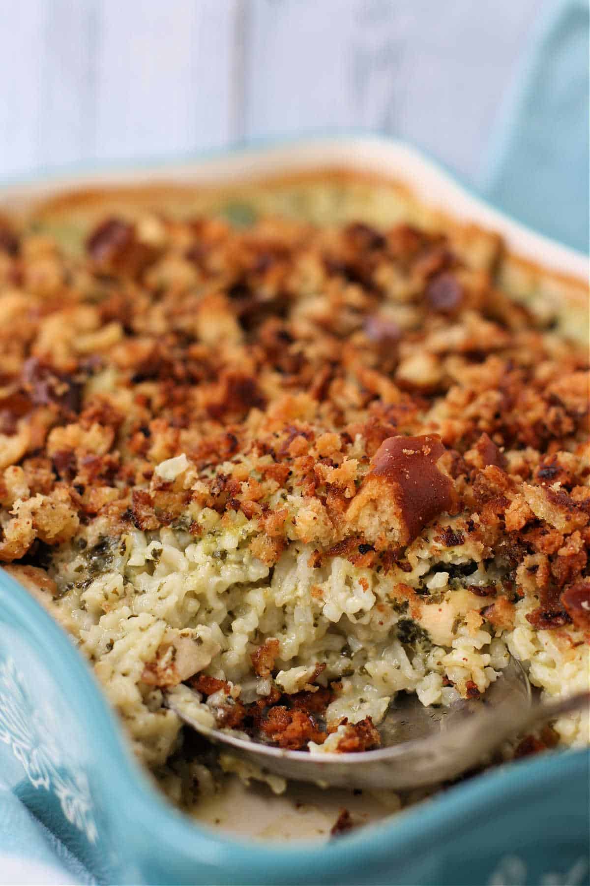 comforting chicken kale casserole in a baking dish