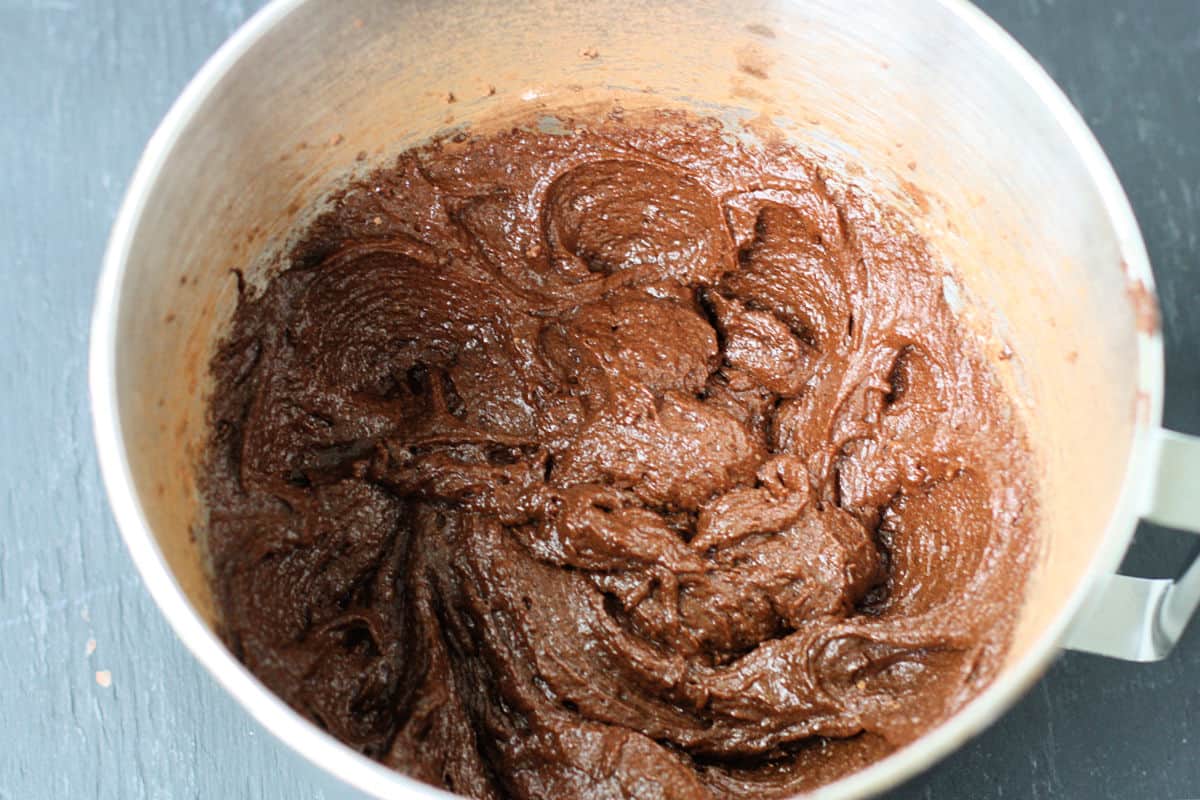 chocolate cake batter in mixing bowl