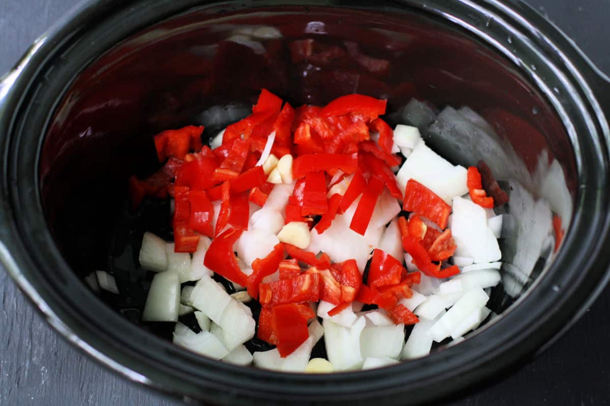 onions and peppers in slow cooker