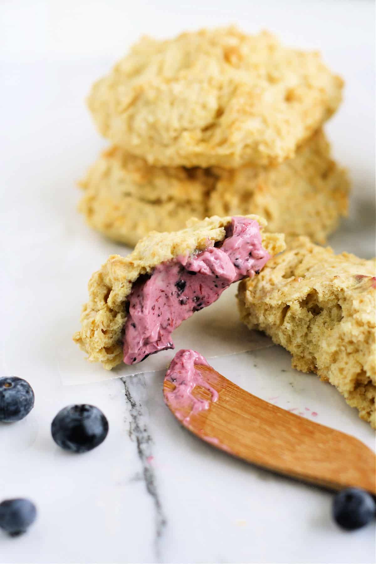 the fluffiest egg free biscuits with blueberry butter