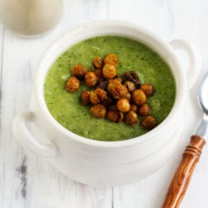 Broccoli Potato Soup with Roasted Chickpeas.