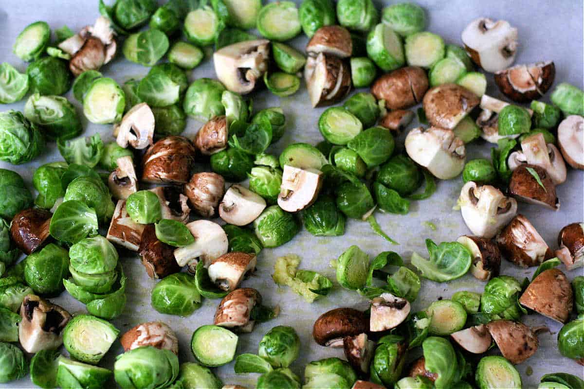brussels sprouts and mushrooms before baking