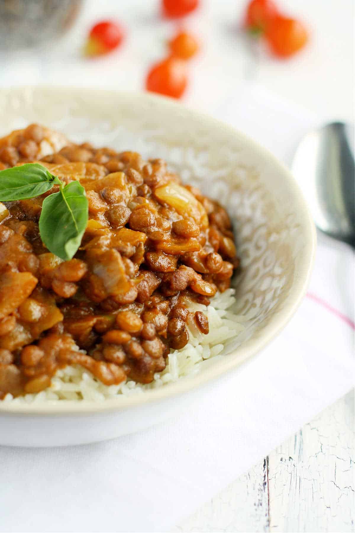 dairy free lentil curry in white bowl