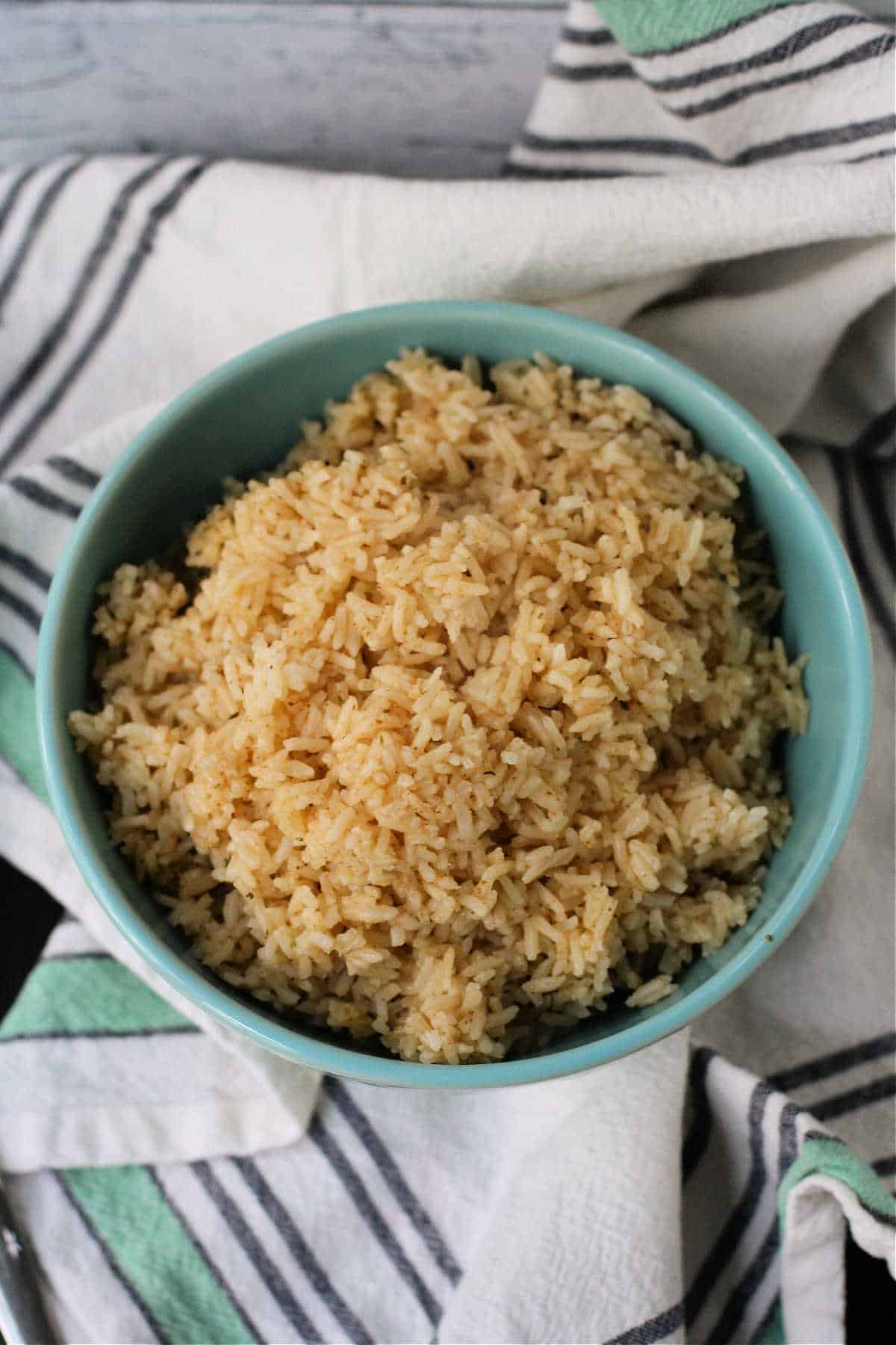 easy seasoned rice in a blue bowl