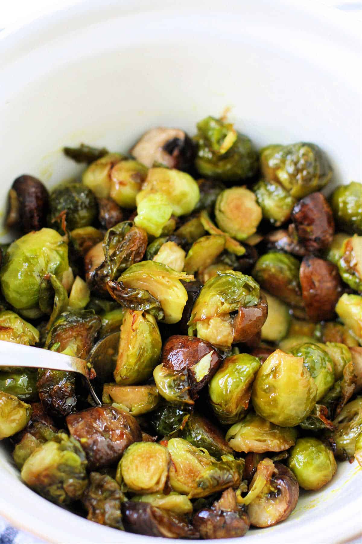 maple mustard brussels sprouts and mushrooms