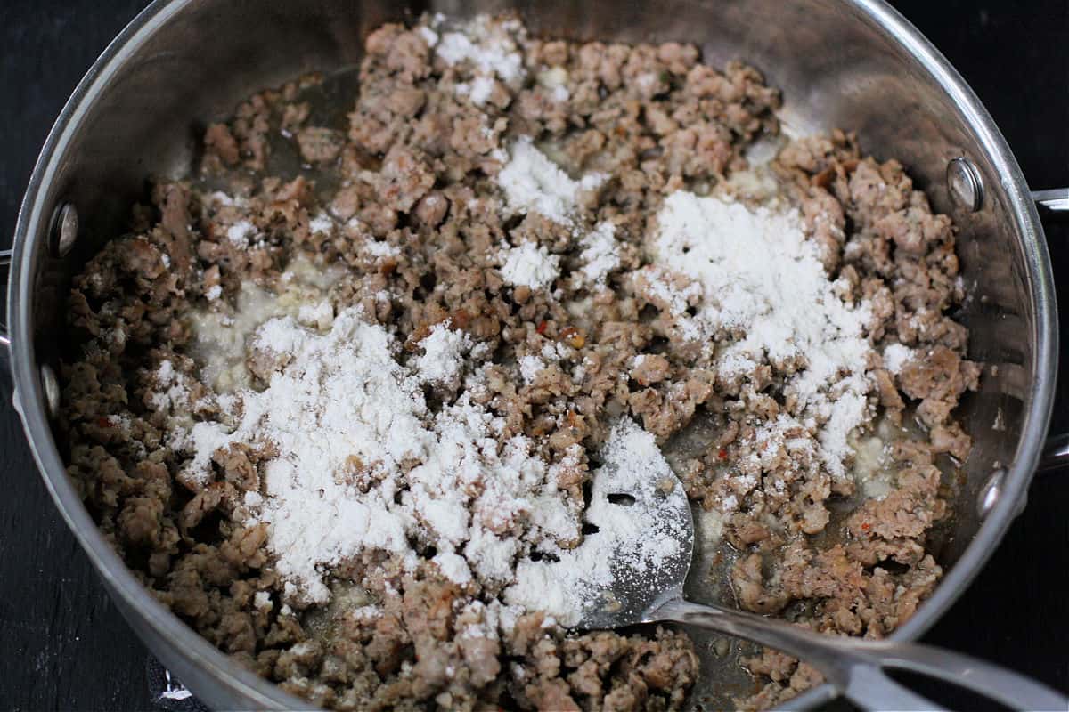sausage and flour in pan
