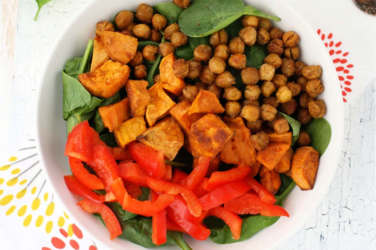 spinach bowl with roasted veggies