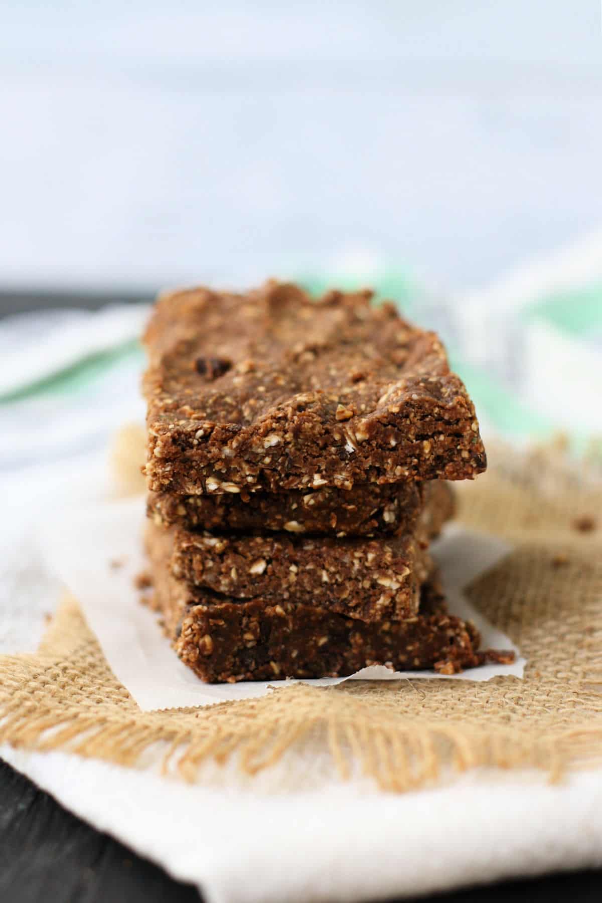 stack of vegan gluten free chocolate hemp seed granola bars