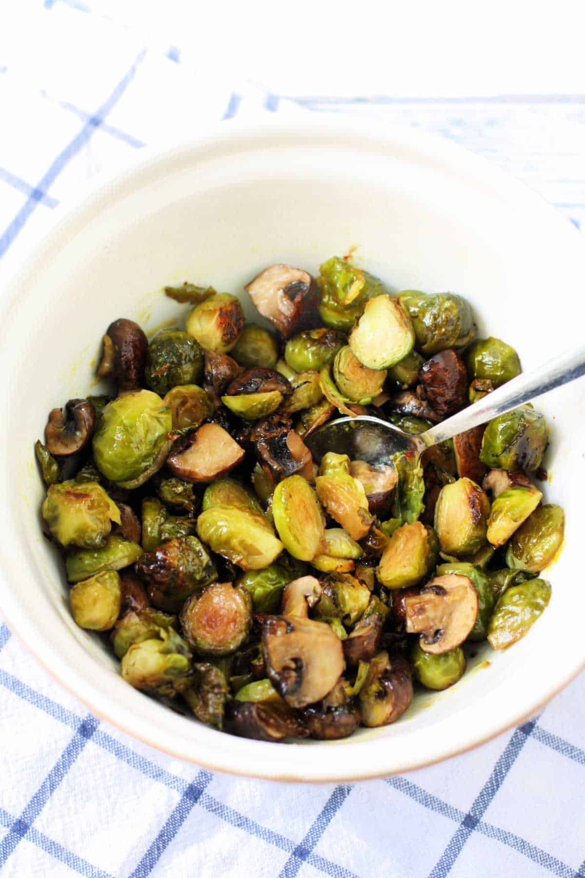 roasted mushrooms and sprouts in a bowl