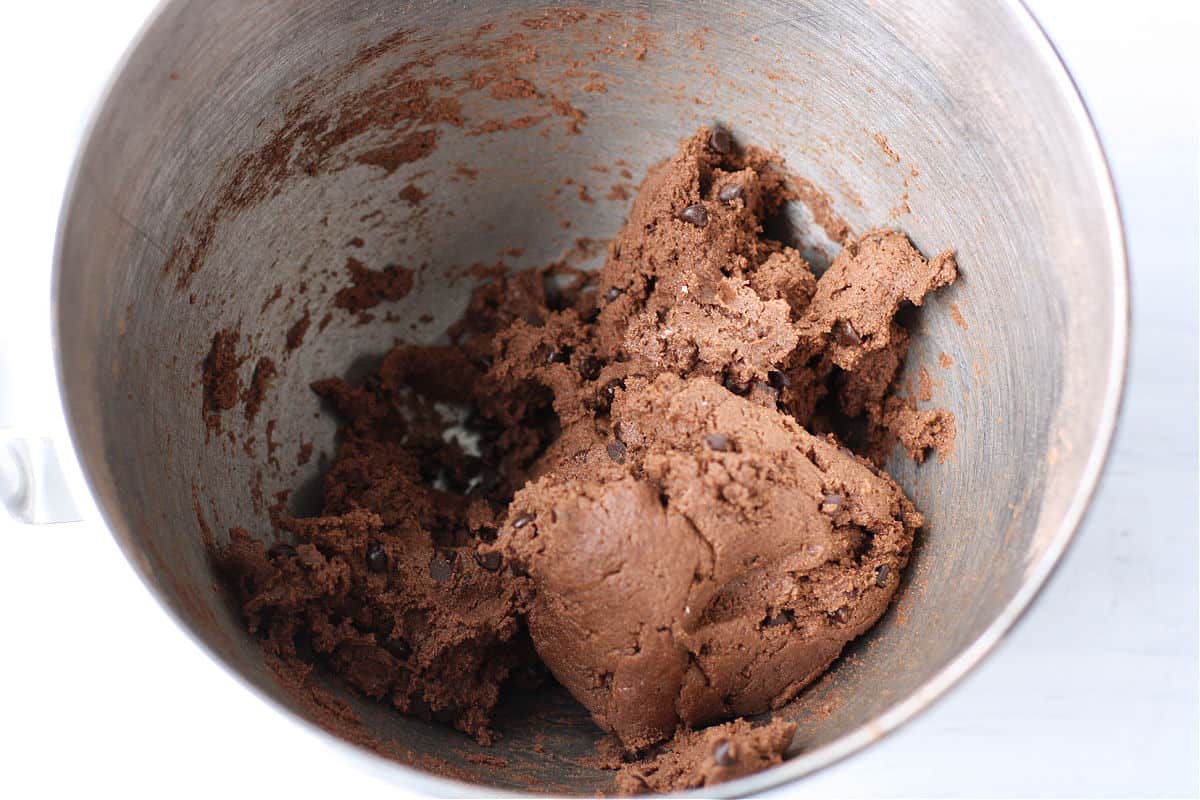 chocolate cookie dough in a mixing bowl
