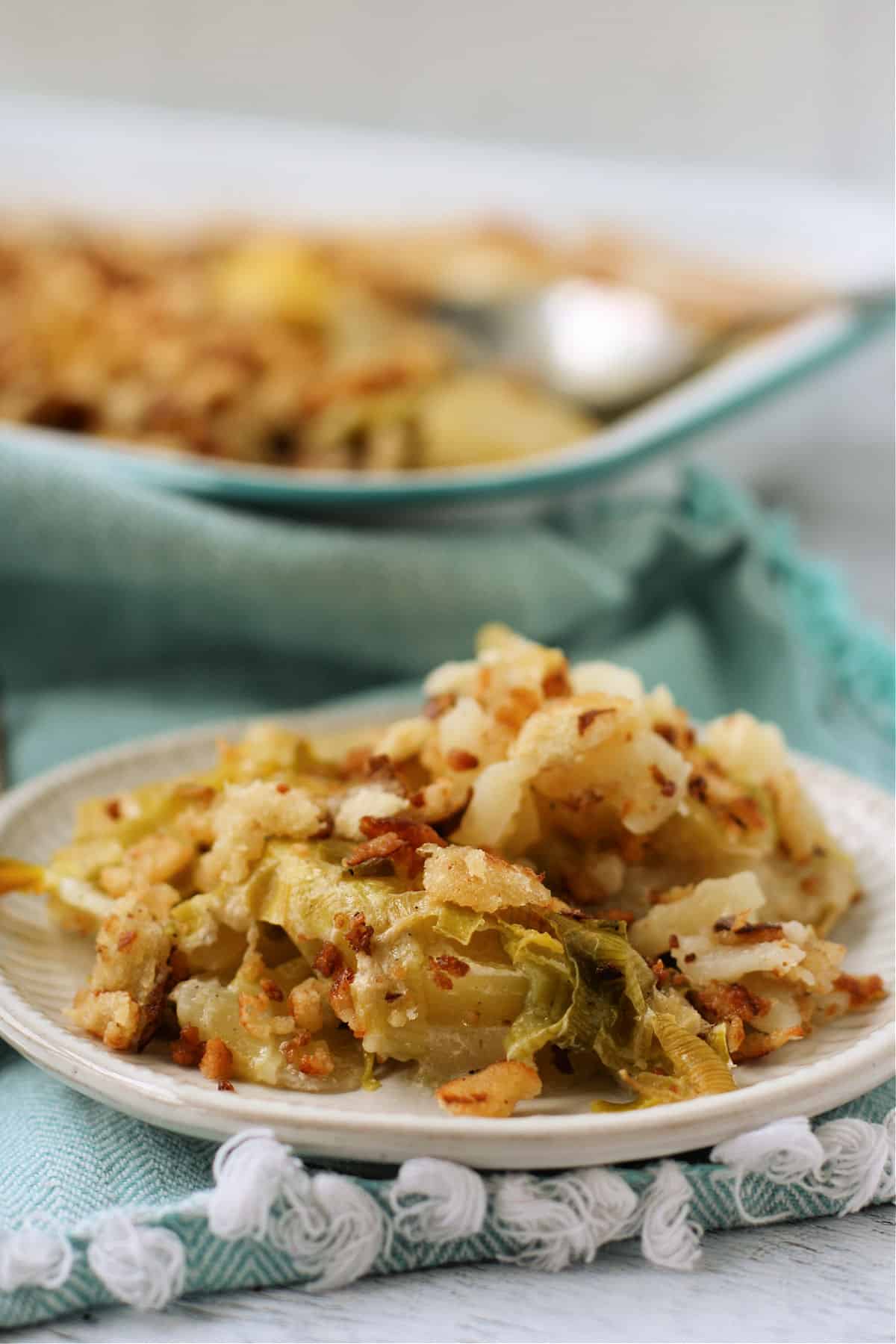 dairy free leek potato casserole with bread crumb topping