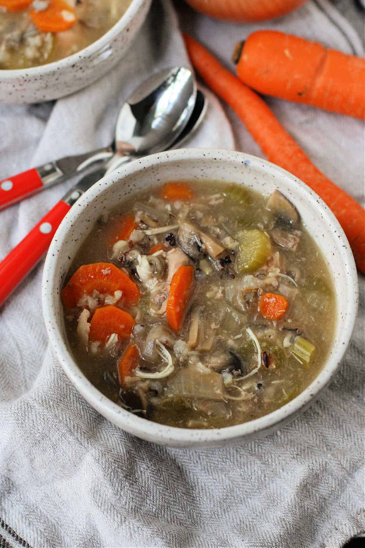 dairy free slow cooker chicken rice soup in a white bowl