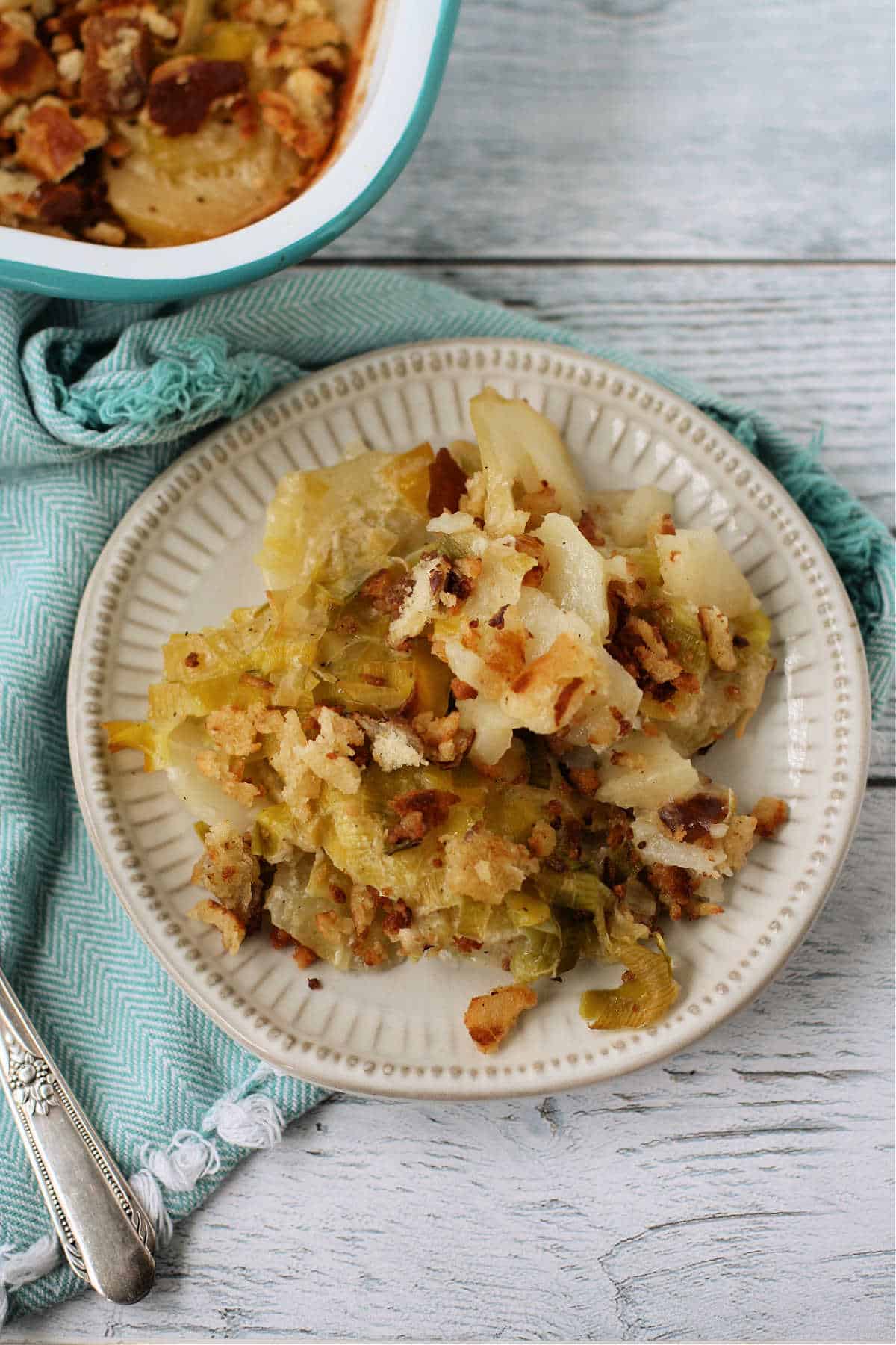 potato gratin with leeks on a plate