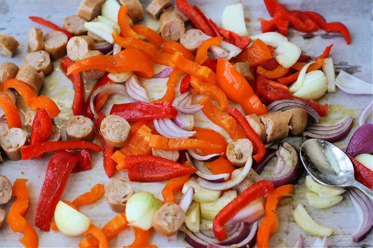 sausage peppers and onions before baking