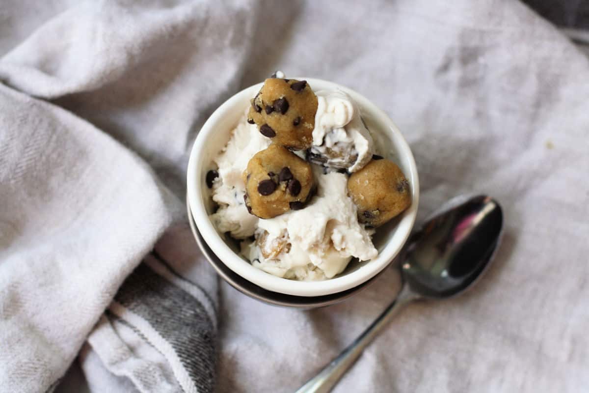 bowl of dairy free cookie dough ice cream