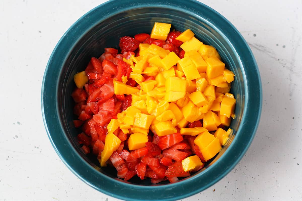 bowl of diced strawberries and mangoes