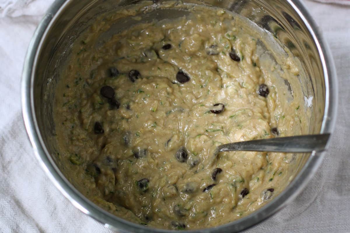chocolate chip zucchini bread batter in mixing bowl
