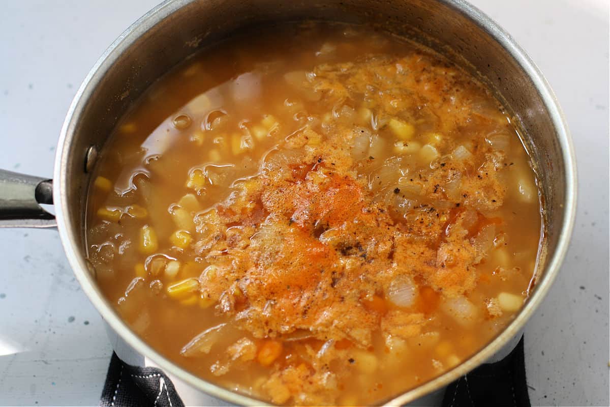 corn chowder in soup pot