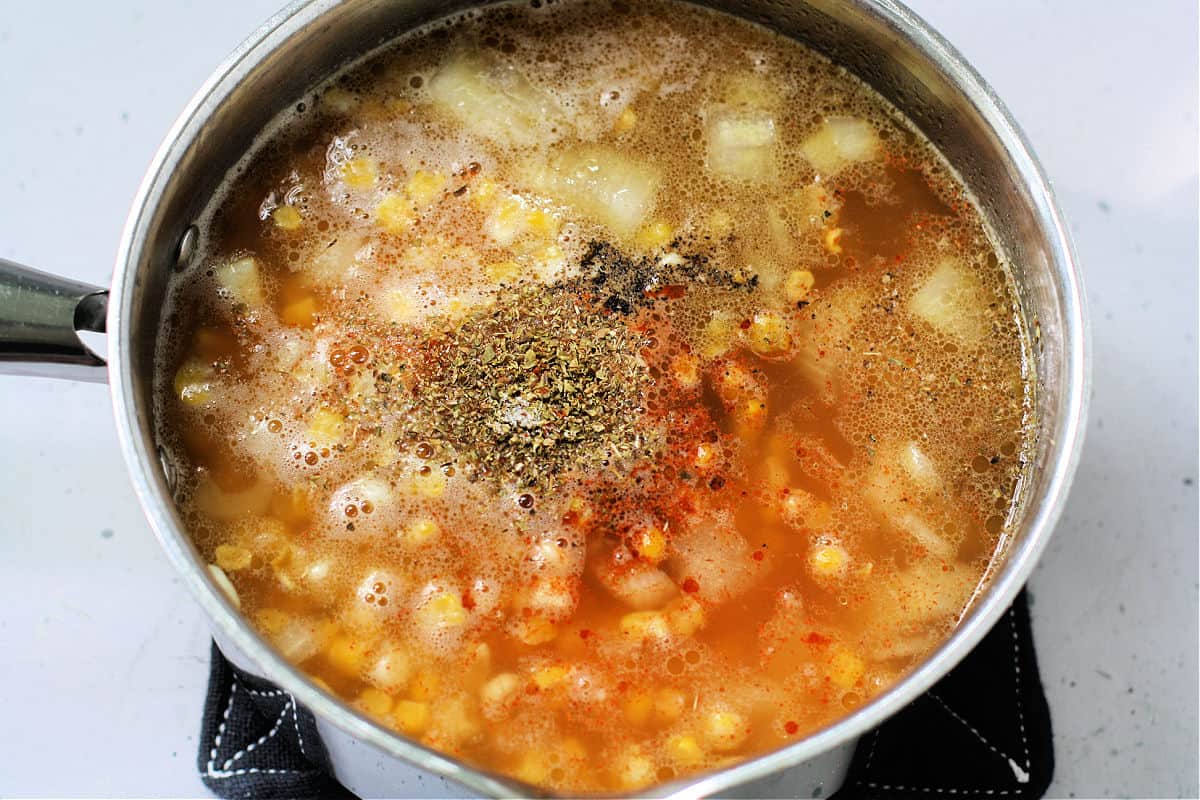 corn potato chowder in a soup pot