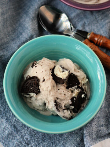dairy free cookies and cream ice cream in a small bowl