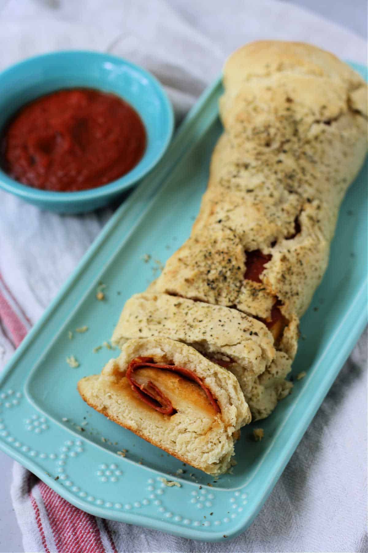 easy pepperoni bread on a turquoise tray