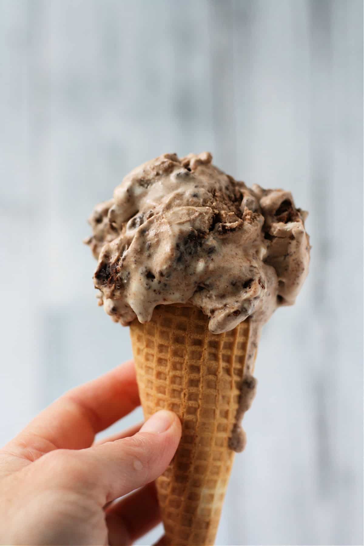 gluten free brownie batter ice cream in a cone
