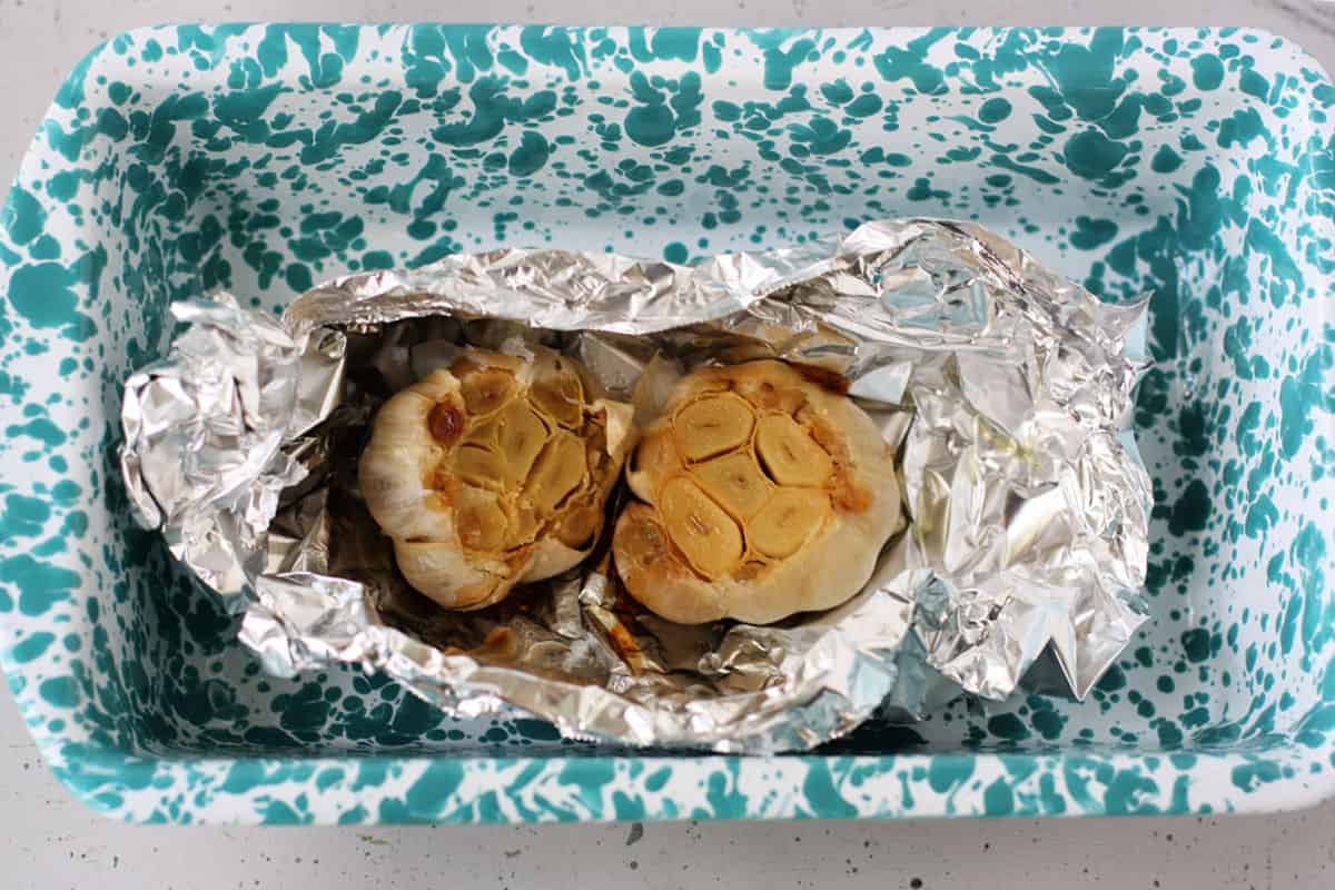 roasted garlic in a pan