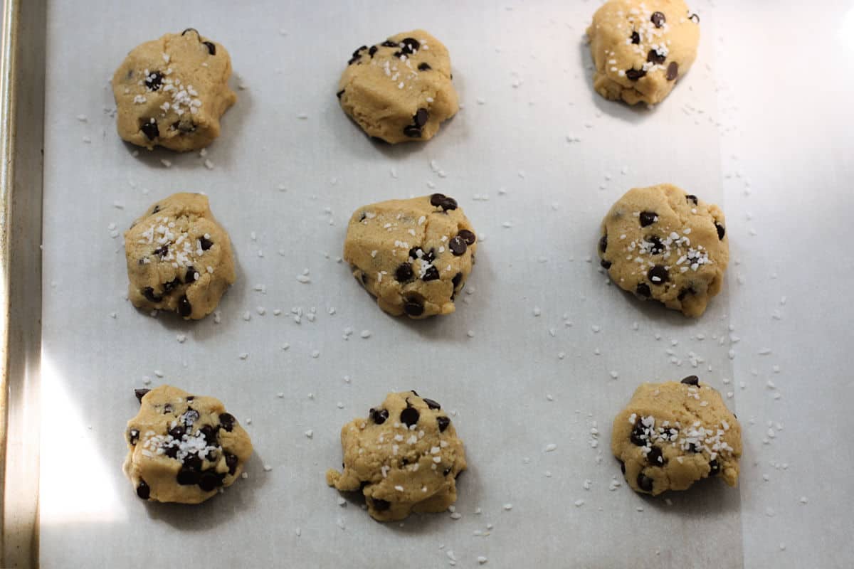 salted chocolate chip cookies before baking