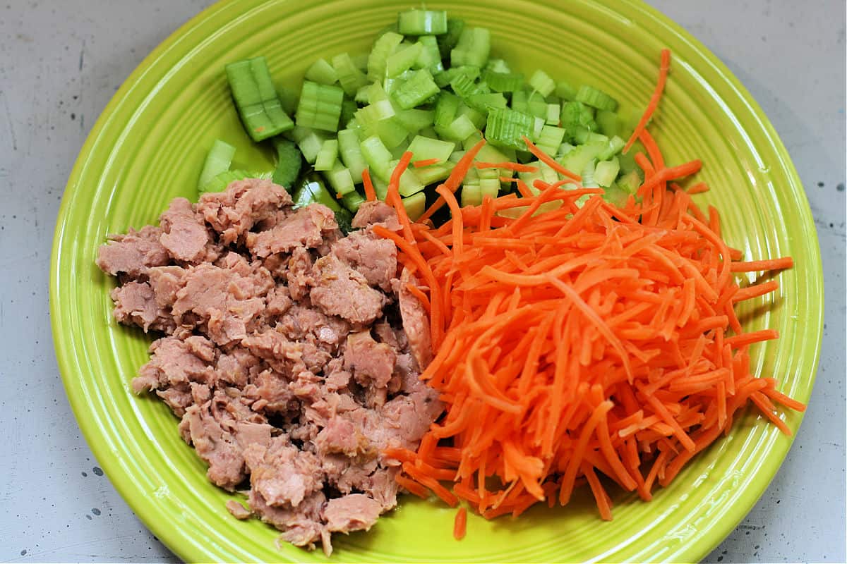 tuna celery and carrots on a plate