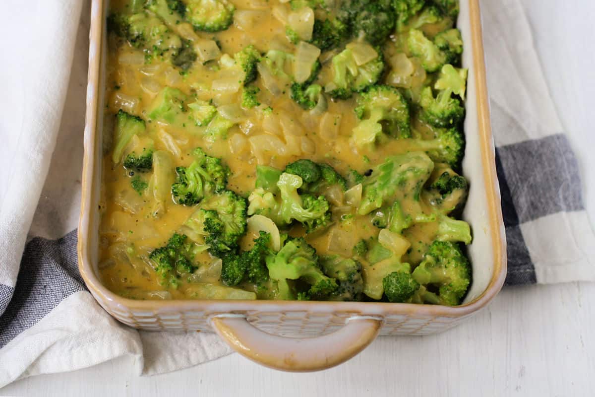 cheesy broccoli casserole before adding breadcrumbs