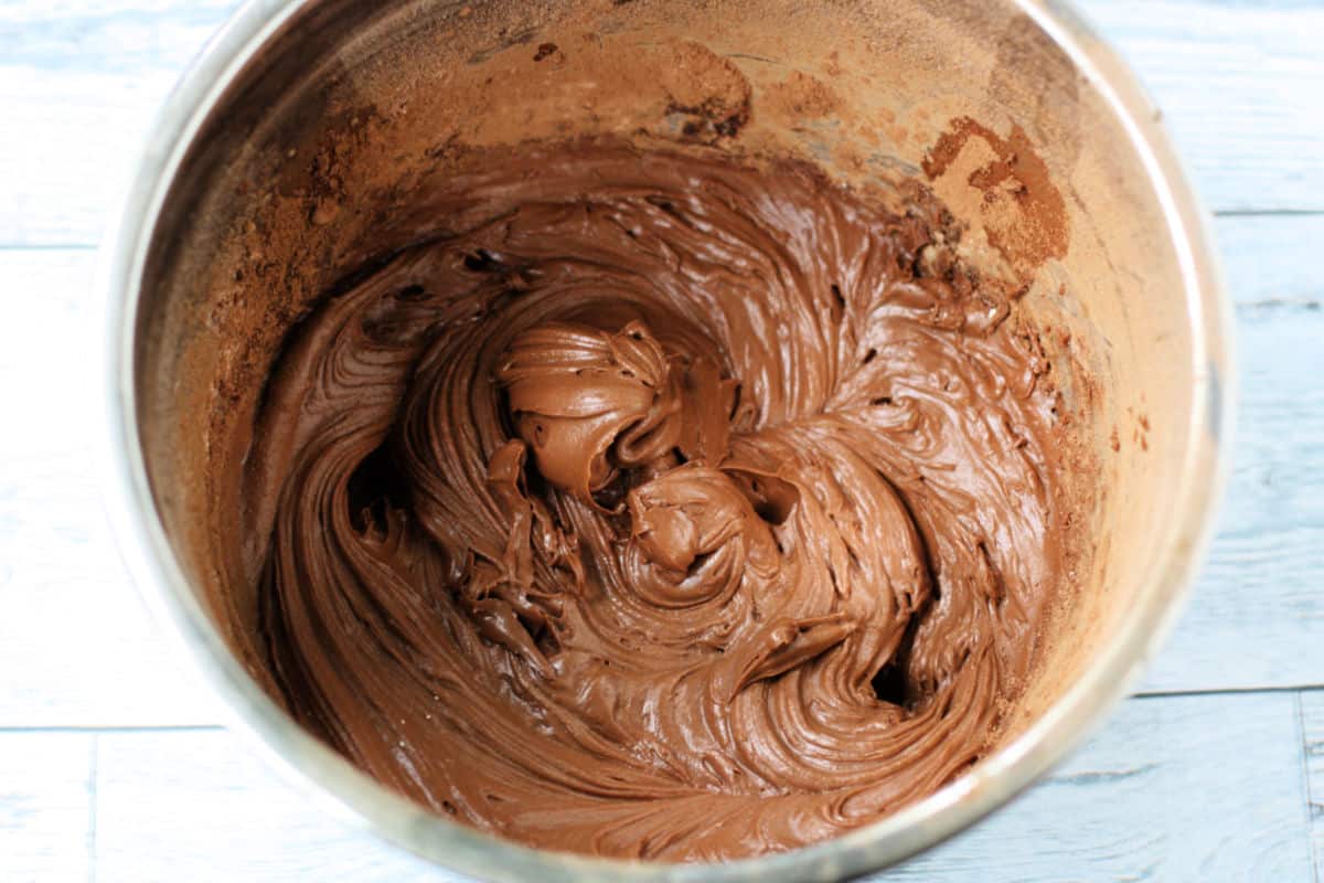 dairy free chocolate frosting in mixing bowl