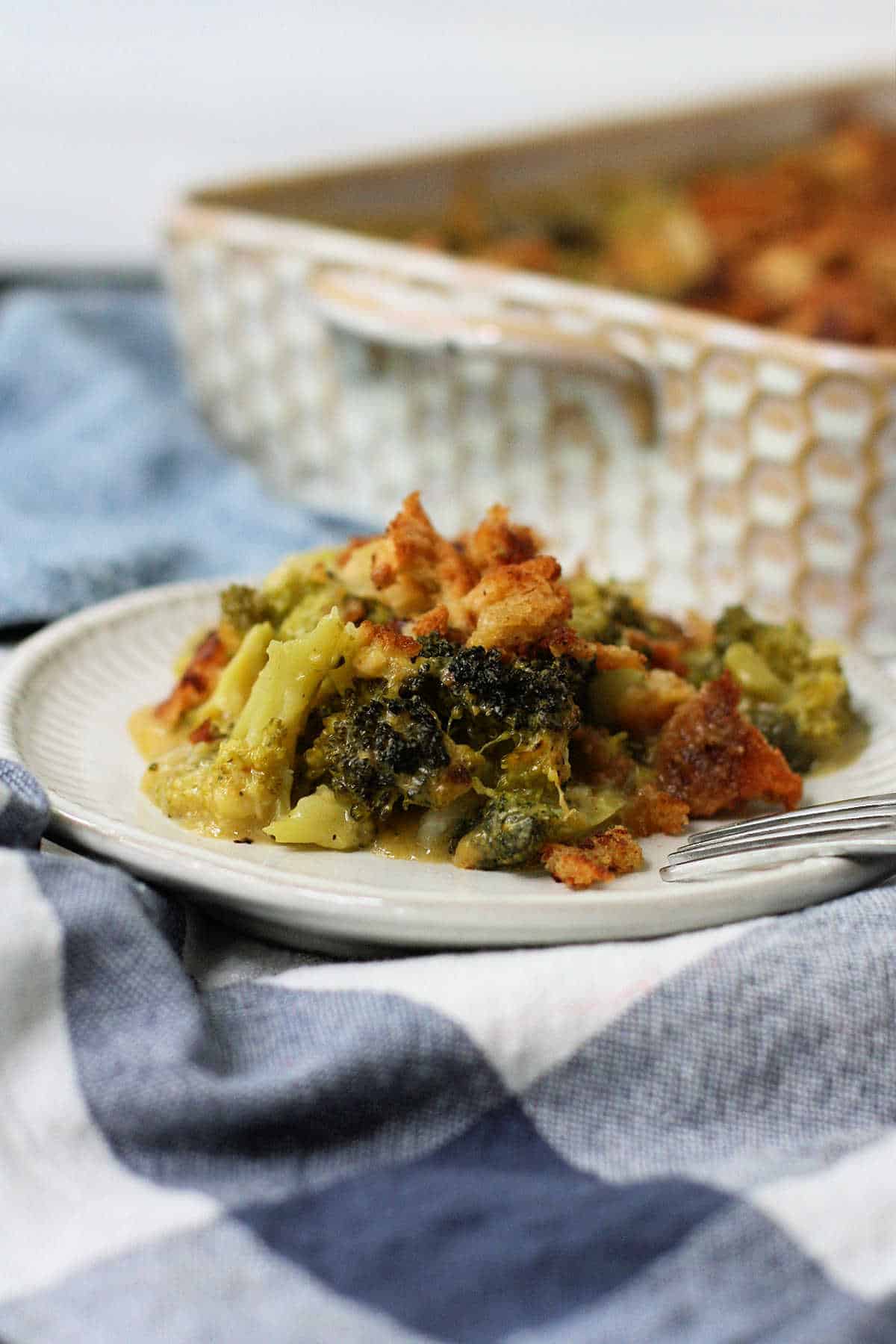 serving of vegan cheesy broccoli casserole on a plate