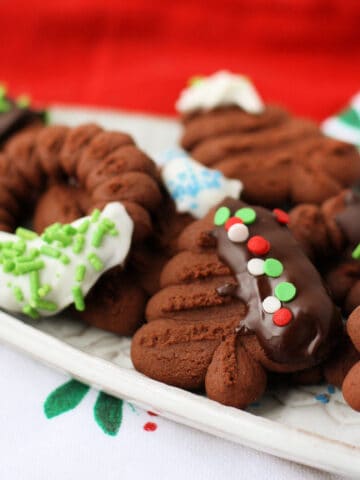 vegan gluten free chocolate spritz cookies with sprinkles