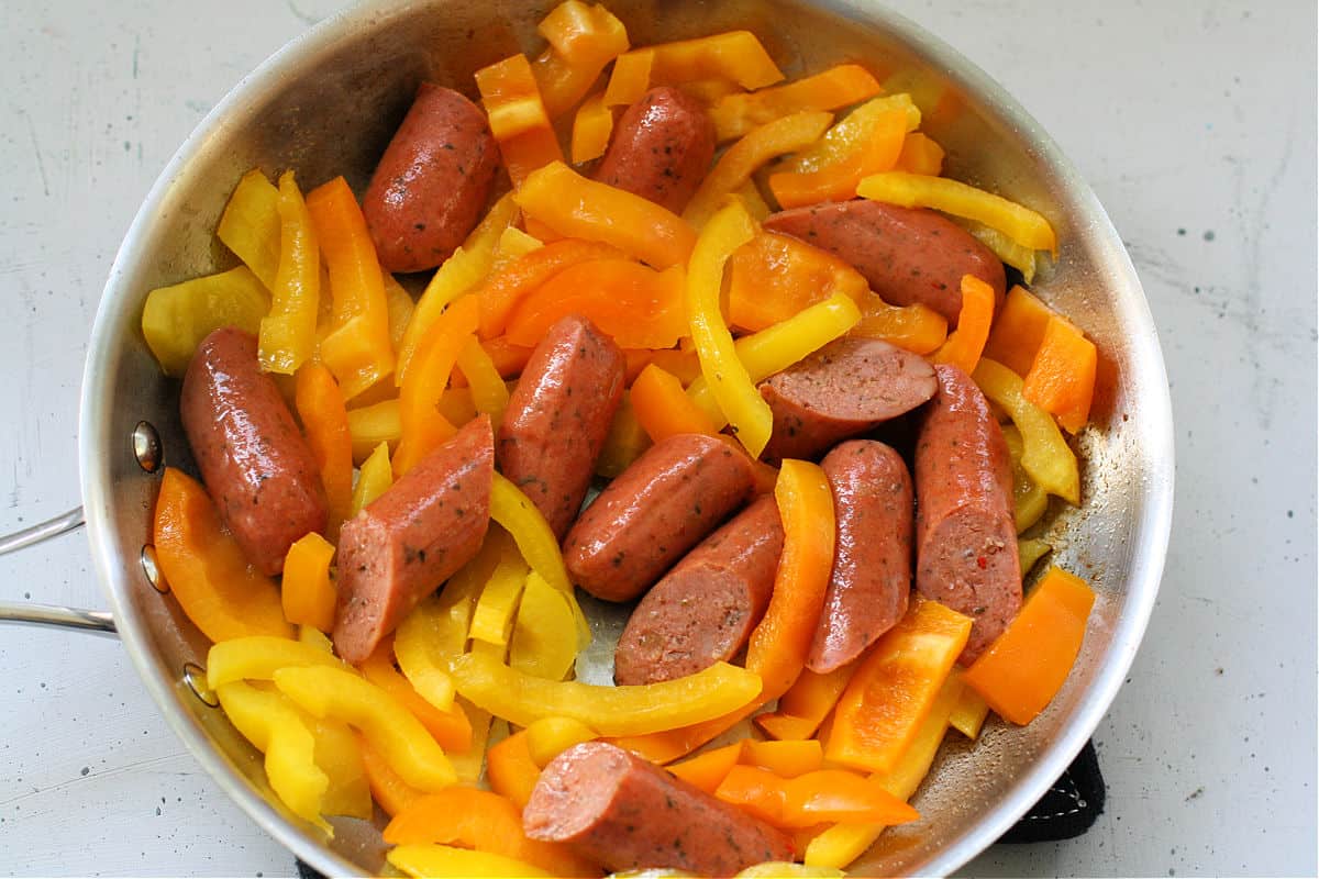 sausages and peppers in pan