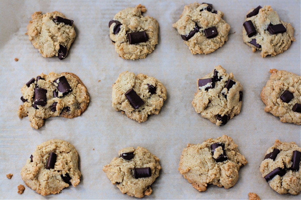 vegan gluten free chocolate chunk cookies after baking