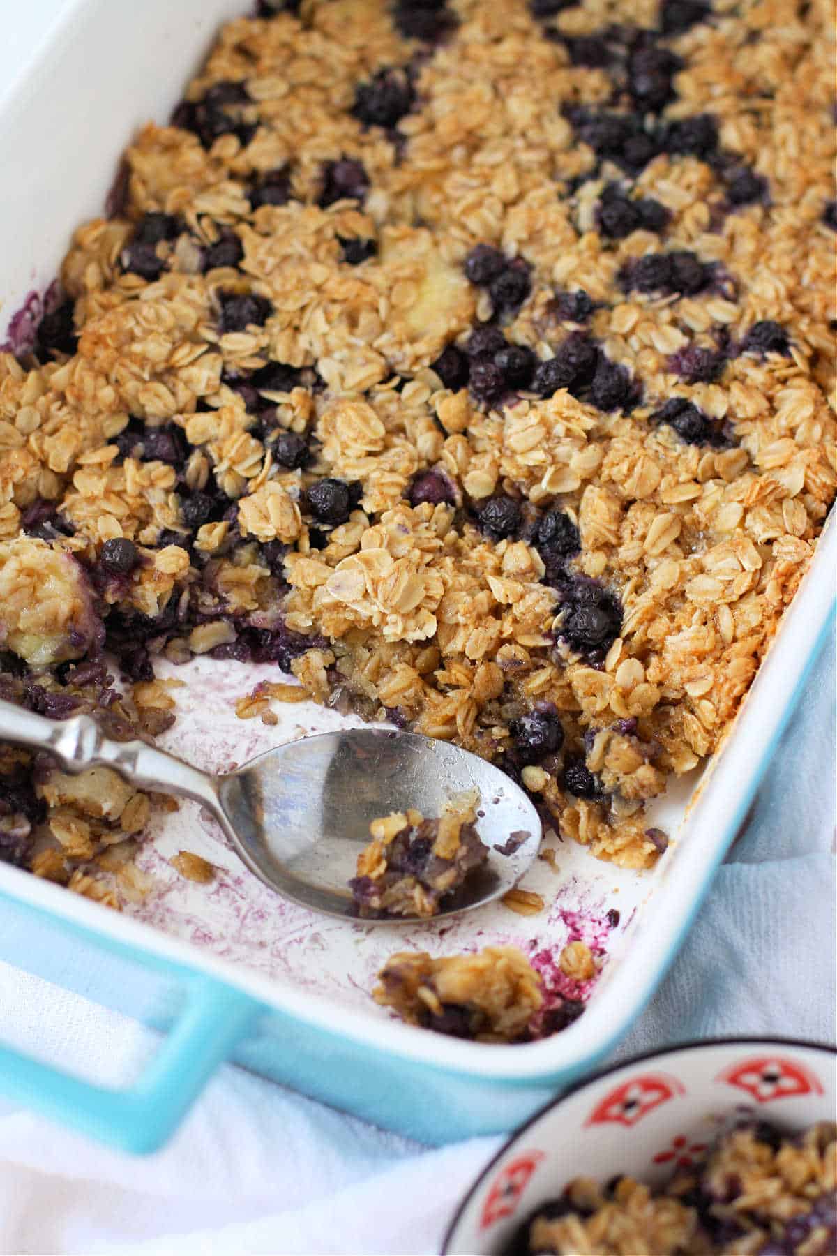 baked banana blueberry oatmeal in a baking pan