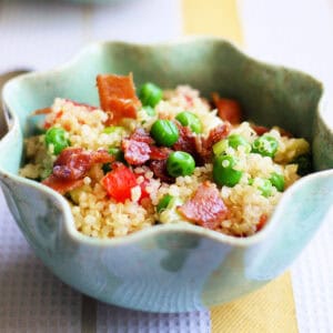 quinoa salad with bacon peas and lemon dressing