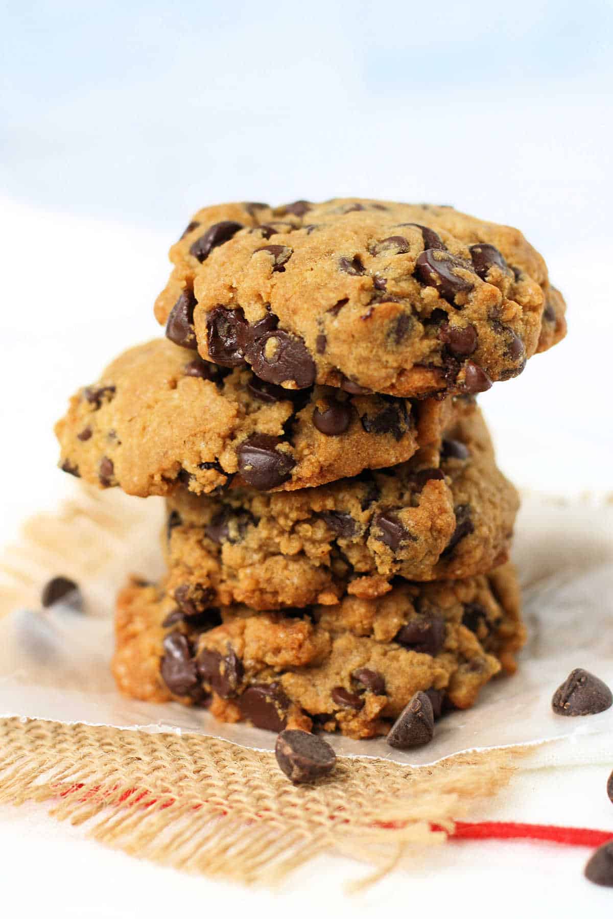 stack of thick and chewy chocolate chip cookies