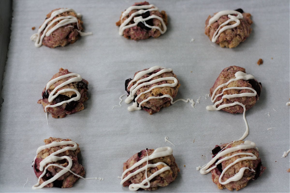 cherry cookies with white chocolate drizzle