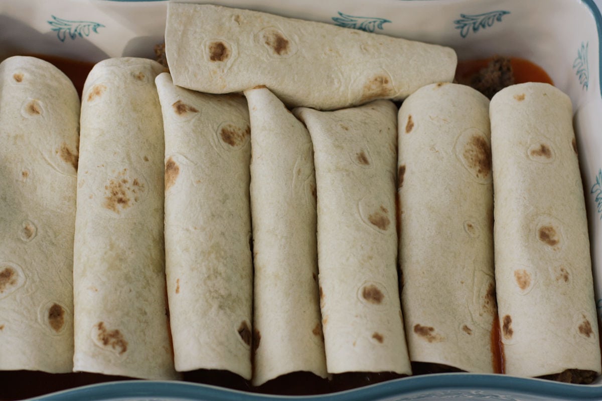 beef and bean enchiladas before adding sauce