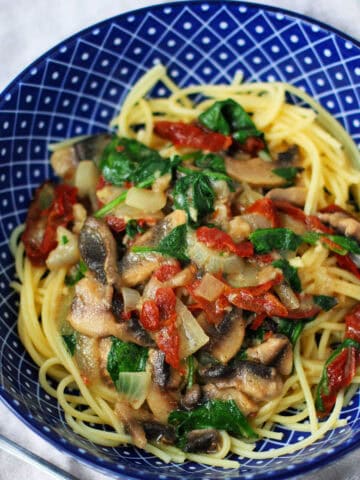 gluten free pasta with dairy free creamy sundried tomato mushroom sauce