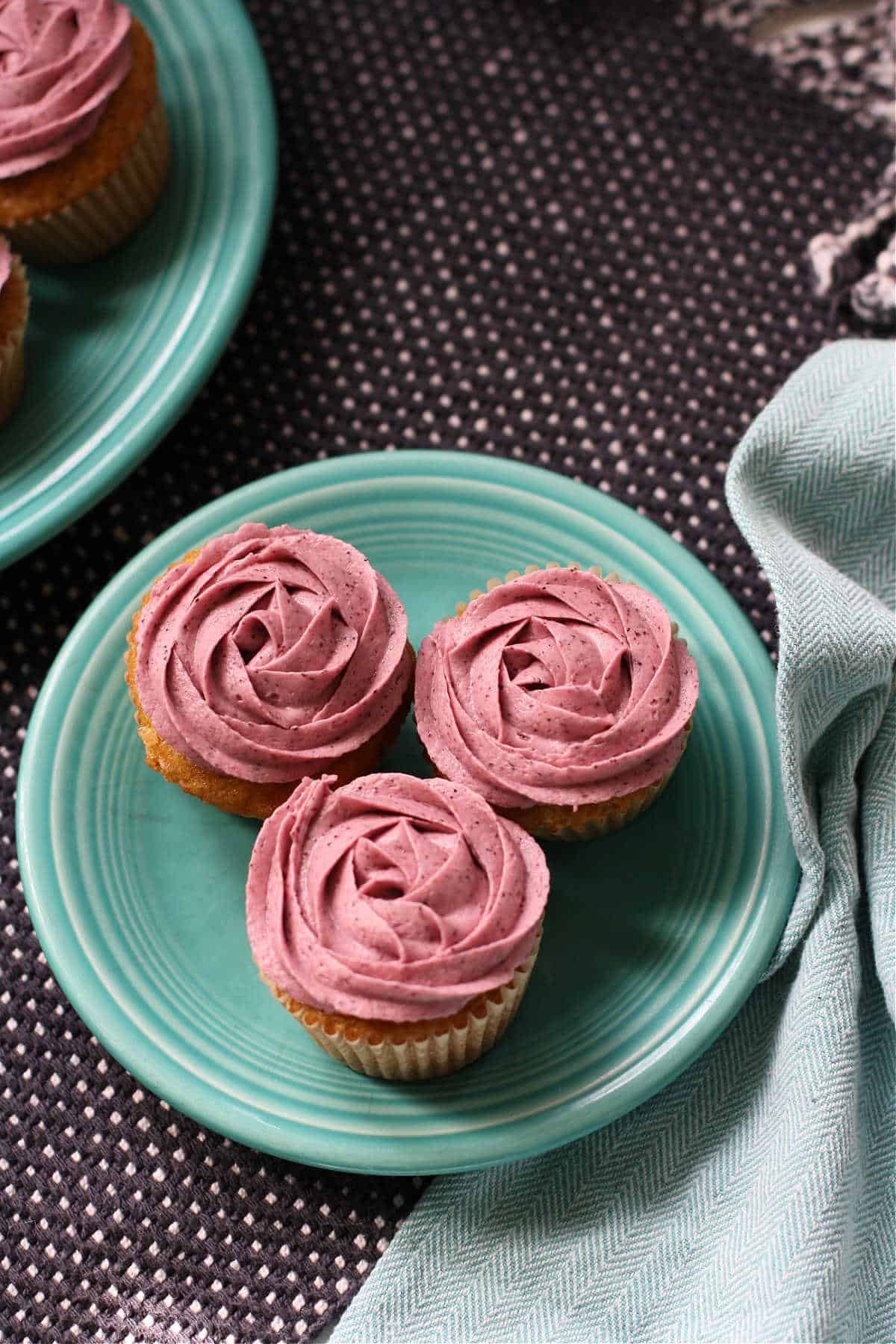 vegan vanilla cupcakes with blueberry buttercream frosting