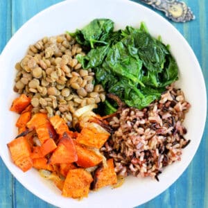 veggie power bowl with lentils and sweet potatoes