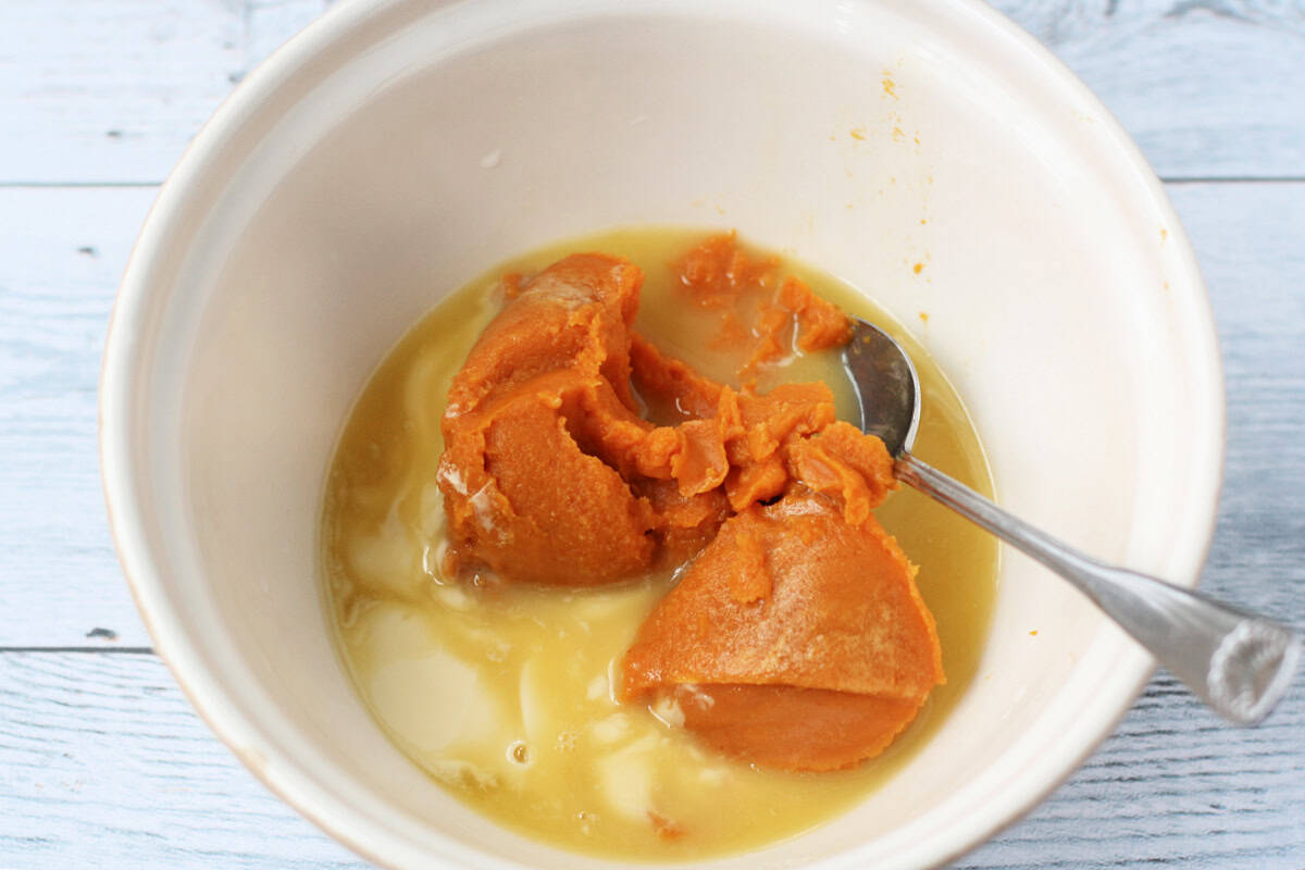 melted vegan buttery spread and pumpkin puree