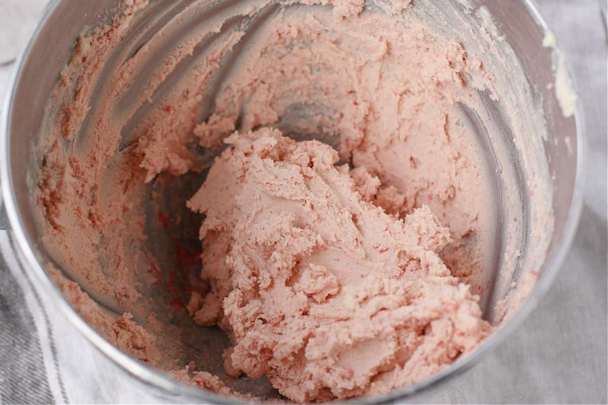 strawberry shortbread dough in bowl
