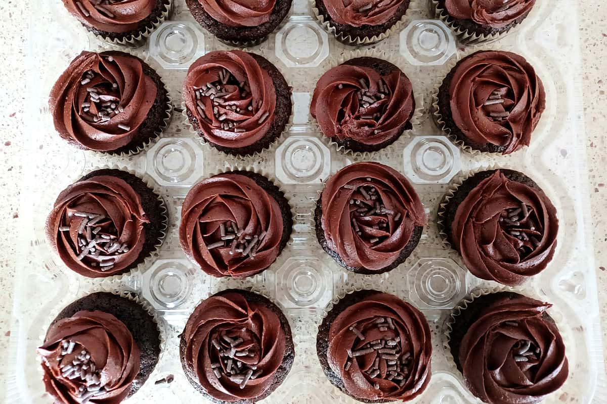 chocolate cupcakes with frosting and sprinkles