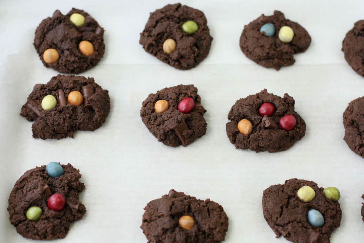 gluten free double chocolate m&m cookies after baking